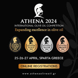 A black square banner with a white helmet logo above the words ATHENA 2024 INTERNATIONAL OLIVE OIL COMPETITION: Expanding excellence in olive oil, 4 medal images, 25-26-27 April, Sparta Greece and links