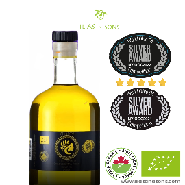 Ilias n Sons banner with their logo, and images of their bottle, 5 stars, silver awards from the New York IOOC, and an organic certification logo